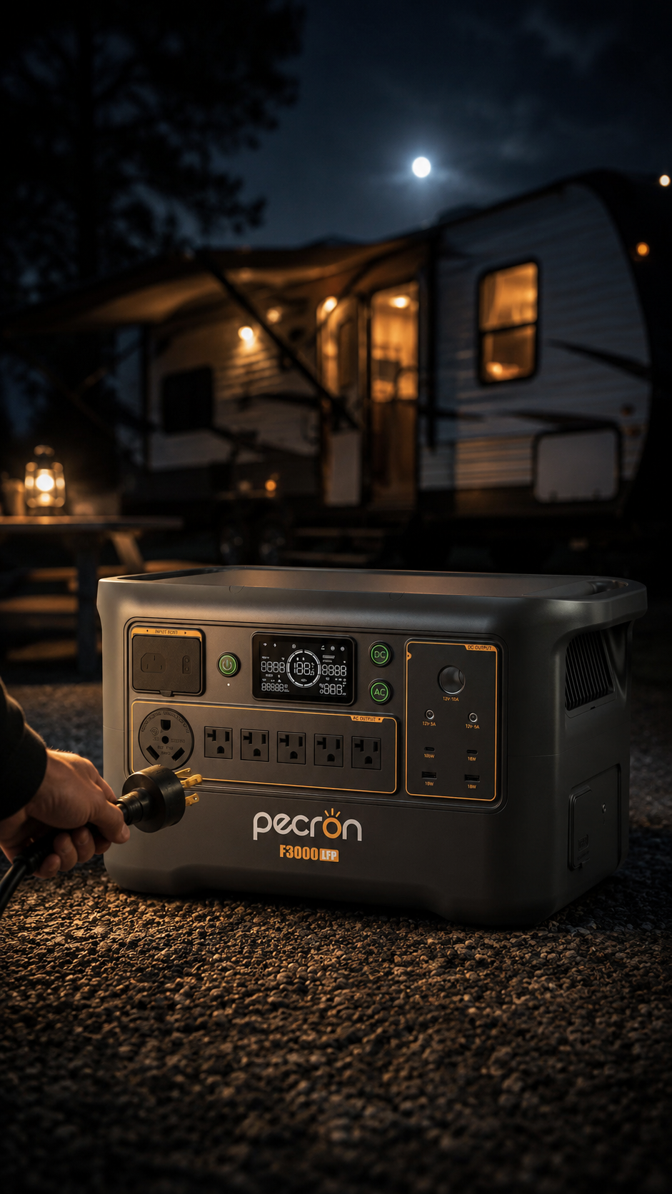 Night campsite: a hand holds a 30 A cable in front of a PECRON F3000LFP portable power station, with a lit travel trailer behind. Nothing is plugged in yet.