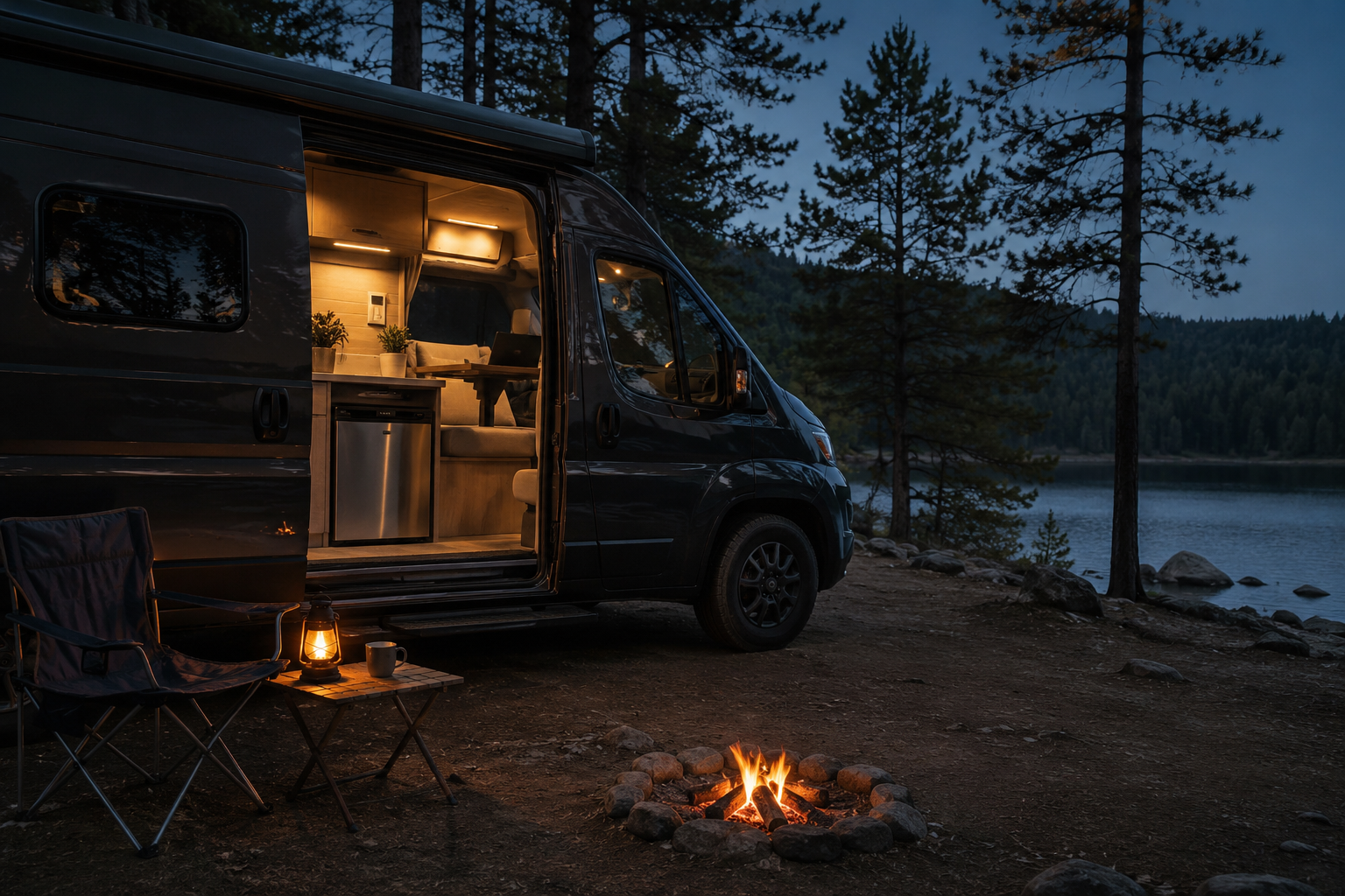 A camper van parked by a lake at nightfall, side door open on a lit galley with a refrigerator, a lantern and a campfire outside. No power station is shown.