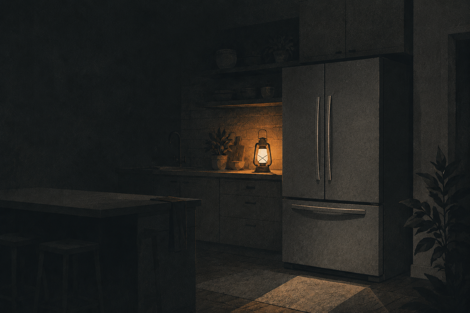 A kitchen during a power outage, lit only by daylight, with the refrigerator closed.