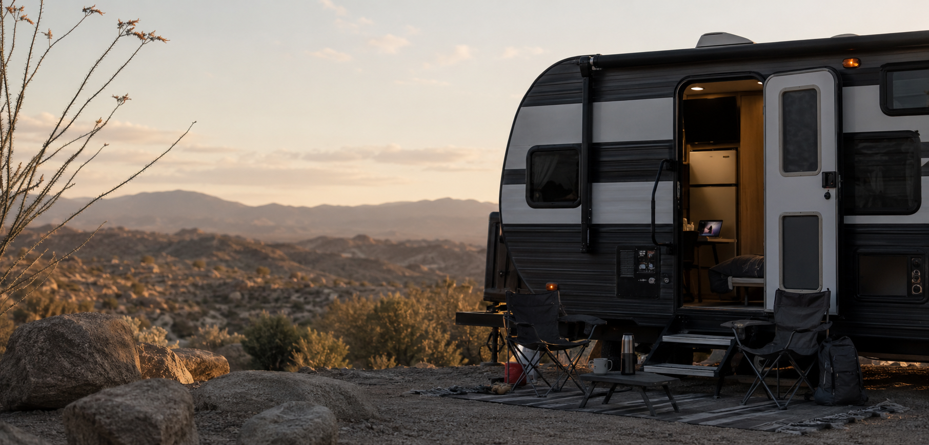 A travel trailer parked at a desert overlook at dusk, door open on a lit interior with a refrigerator, camp chairs and a table outside. No power station is shown.