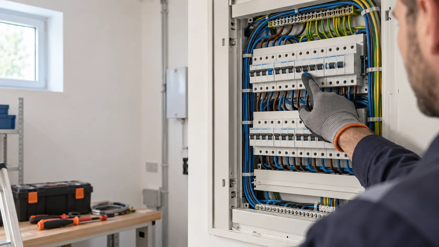 Een elektricien bij een geopende groepenkast kiest welke groepen gevoed blijven.