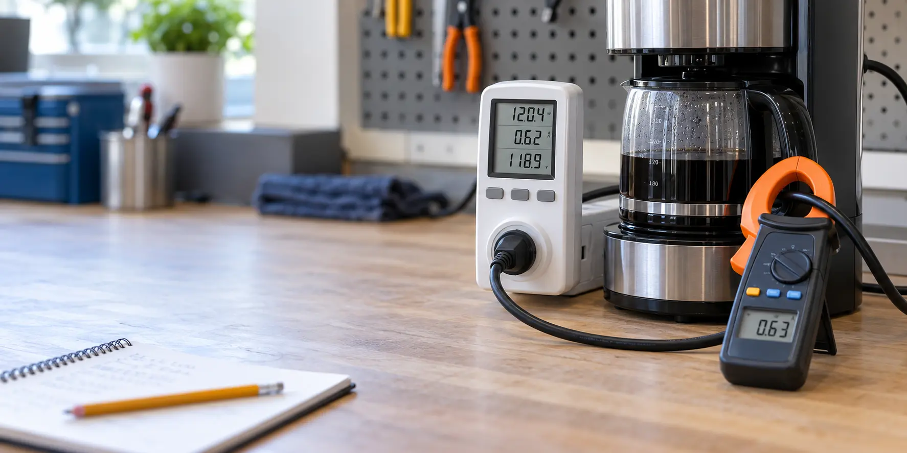 A plug-in energy meter and a clamp meter reading the real draw of an appliance.