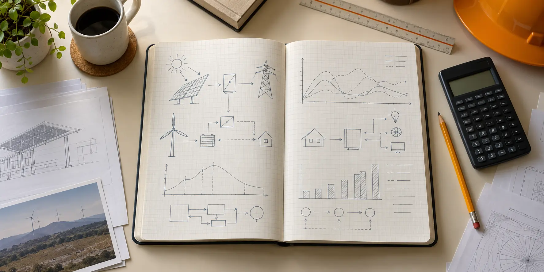 An open field notebook with energy sketches and curves beside a calculator.