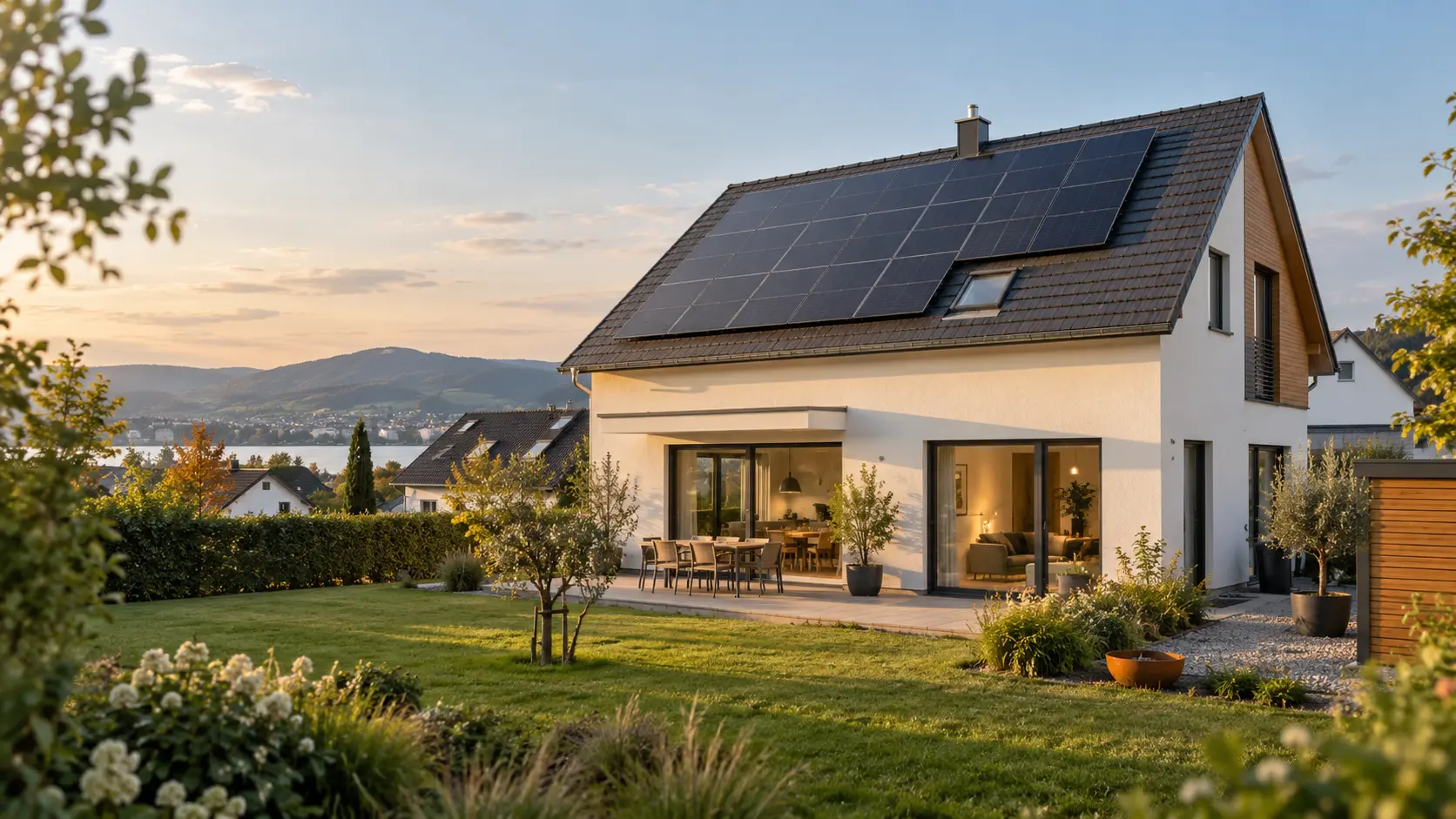 Una vivienda unifamiliar con placas fotovoltaicas en el tejado a última hora de la tarde.